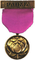 pink fabric with bronze medal